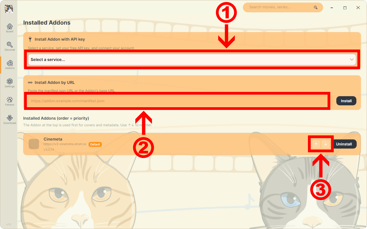 Addons screen showing install with API key, install by manifest URL, and priority reordering arrows