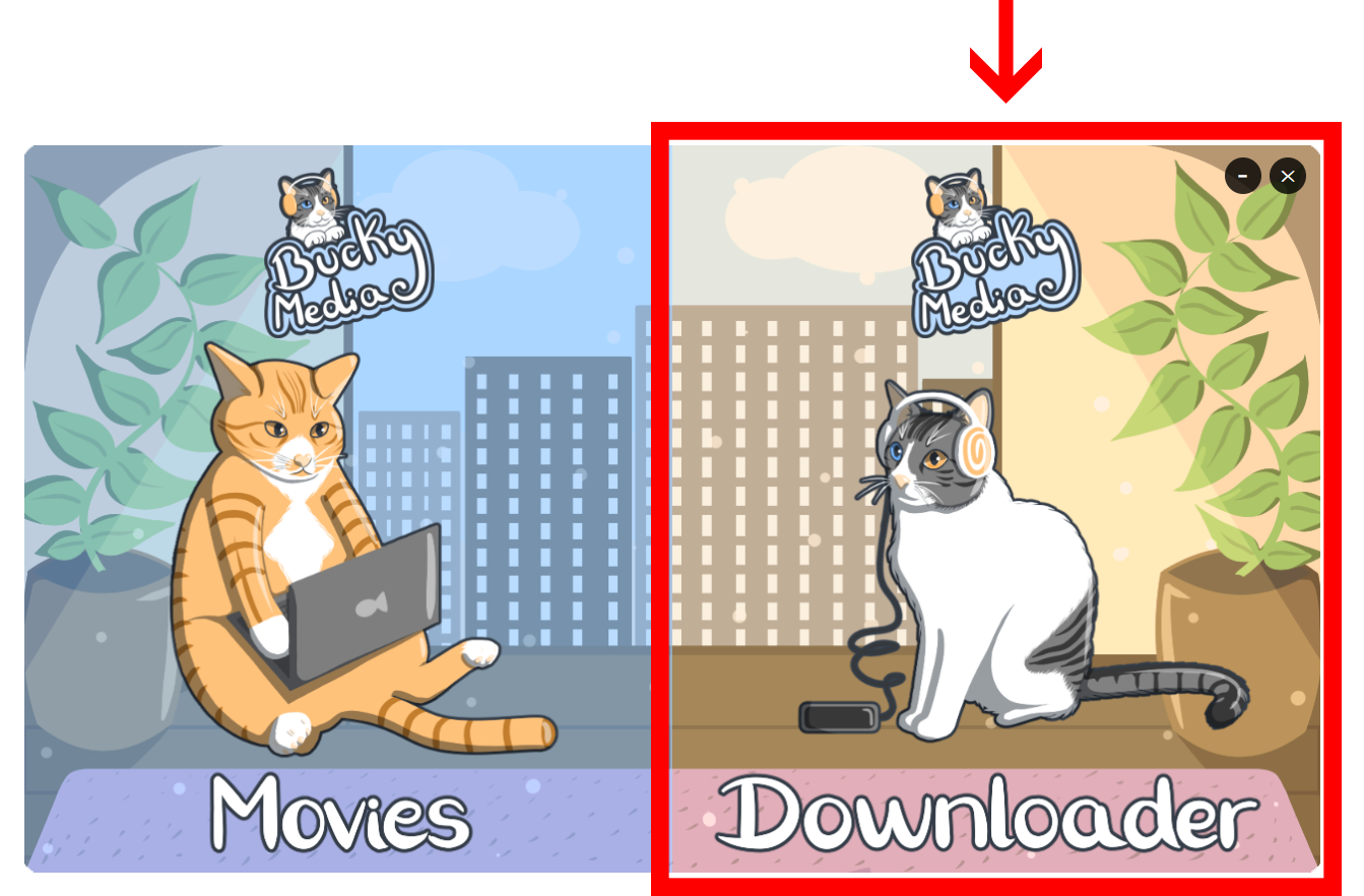 BuckyMedia launcher with the Downloader card highlighted
