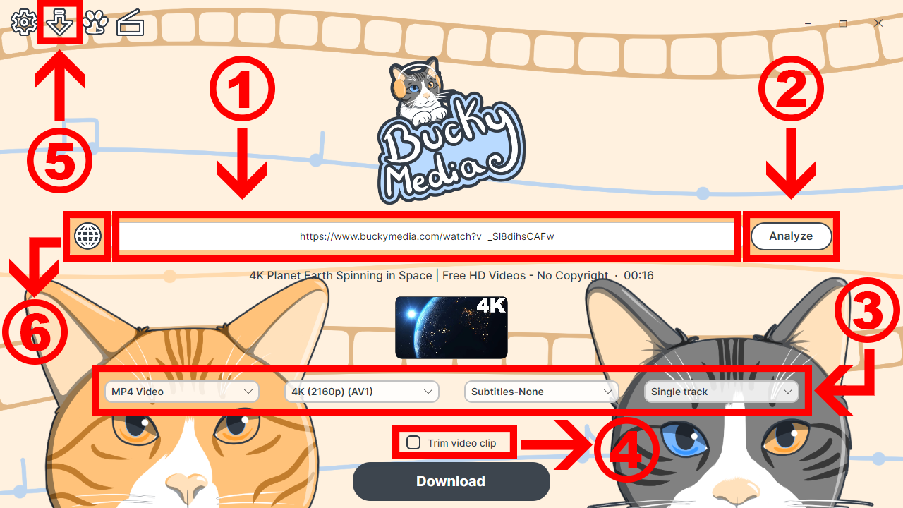 BuckyMedia downloader window with numbered callouts over the url bar, analyze button, format options, trim checkbox, downloads button and browser button