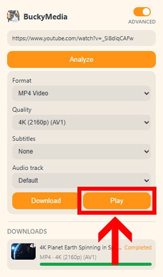 Extension panel with the play button highlighted
