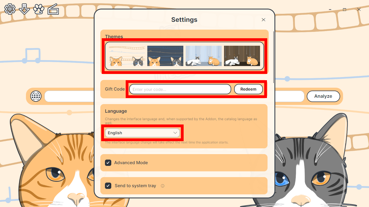 Settings window with theme gallery, gift code field and language selector highlighted