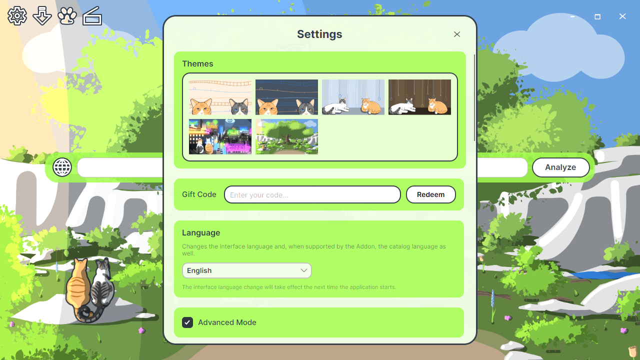 Forest theme applied to the settings window